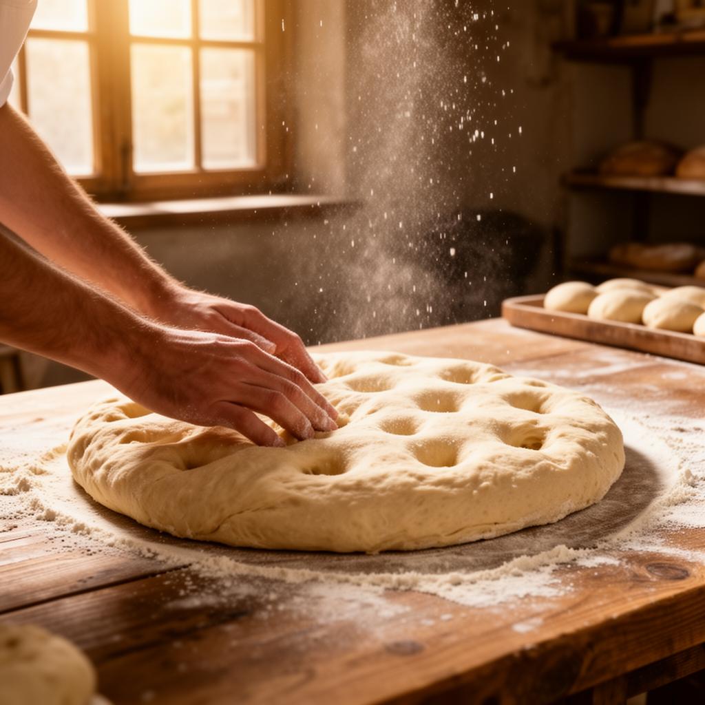 Mani esperte impastano la focaccia genovese